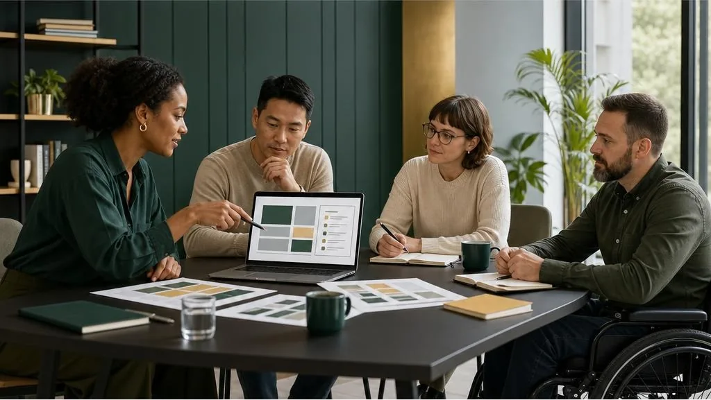 Accessibility coach and a diverse workplace team reviewing an accessibility action plan around a meeting table