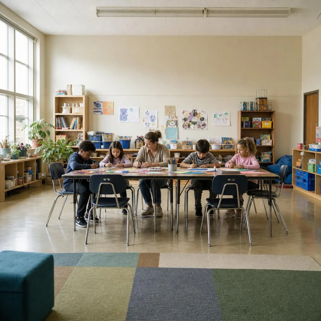 After-school care provider supervising children doing homework and creative activities at a bright program table