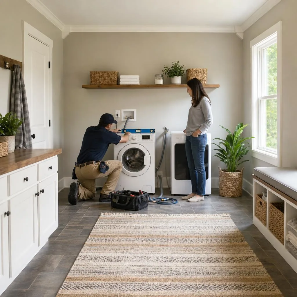 Appliance installation freelancer leveling and connecting a washing machine in a bright laundry room