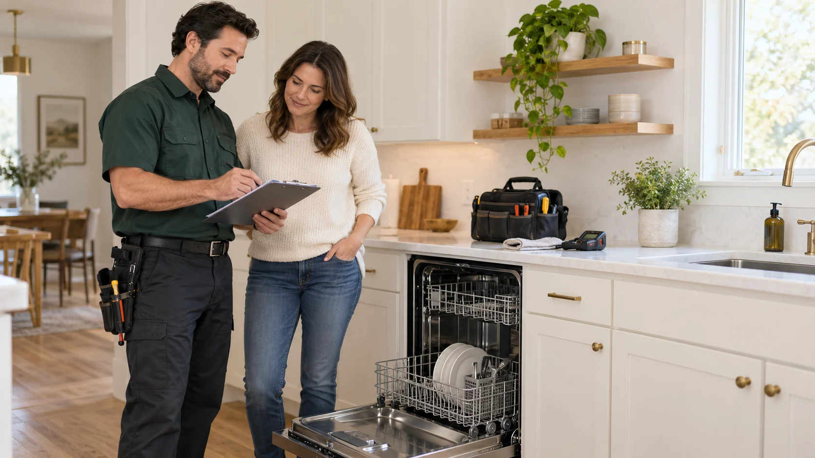 Appliance repair technician reviewing service paperwork with a homeowner beside an open dishwasher