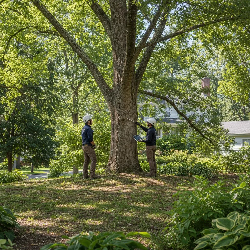 Arborist and tree inspector examining a mature urban tree with a tablet and measuring tool