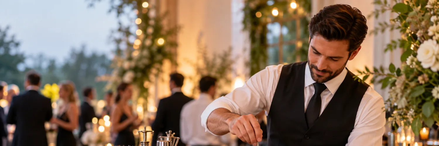 Event bartender preparing a cocktail at a bar station with mixing tools, ingredients, glassware, and guests in the background