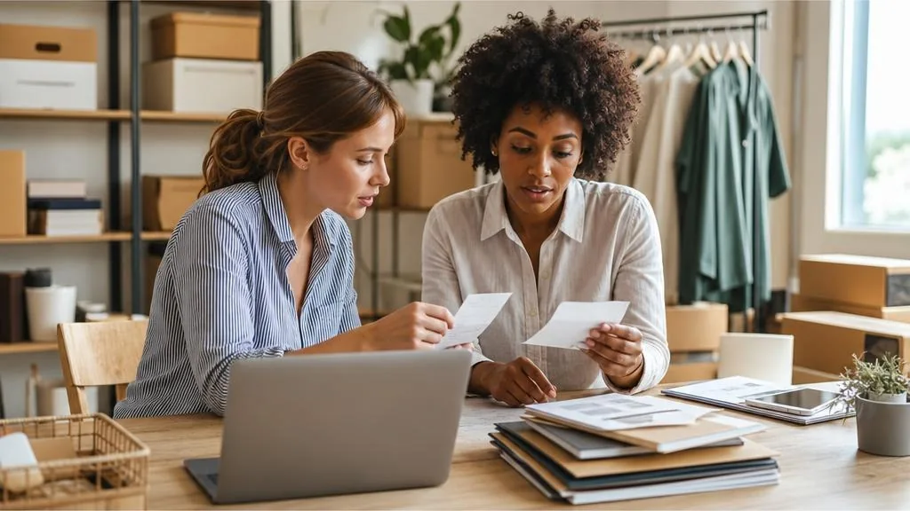 Bookkeeping assistant and small business owner reviewing organized receipts, invoices, and a spreadsheet