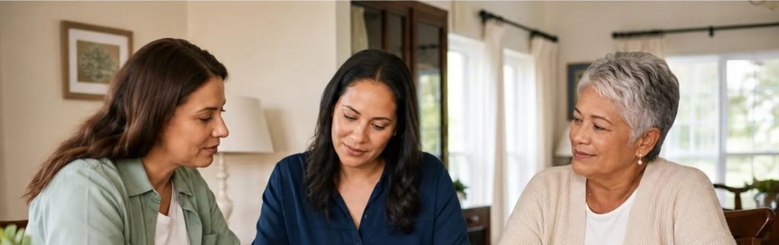 Home caregiver and family member reviewing an intake form with an older adult at a dining table