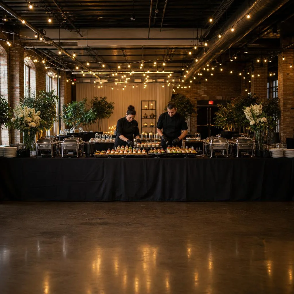 Professional catering team arranging food and serving equipment for an event buffet