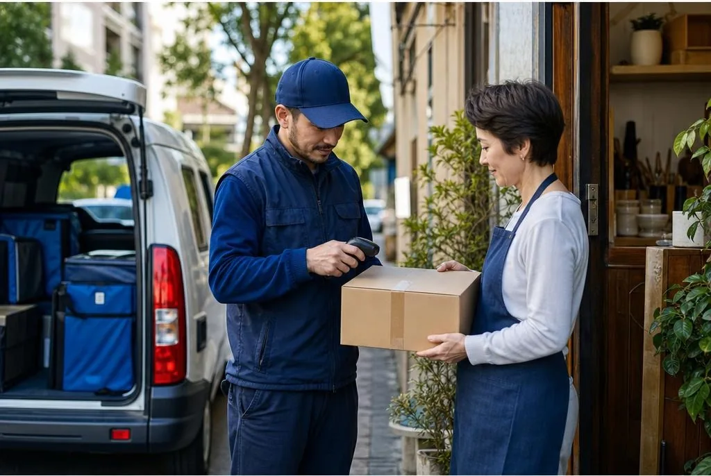Independent courier scanning a sealed parcel during an authorized small-business delivery handoff