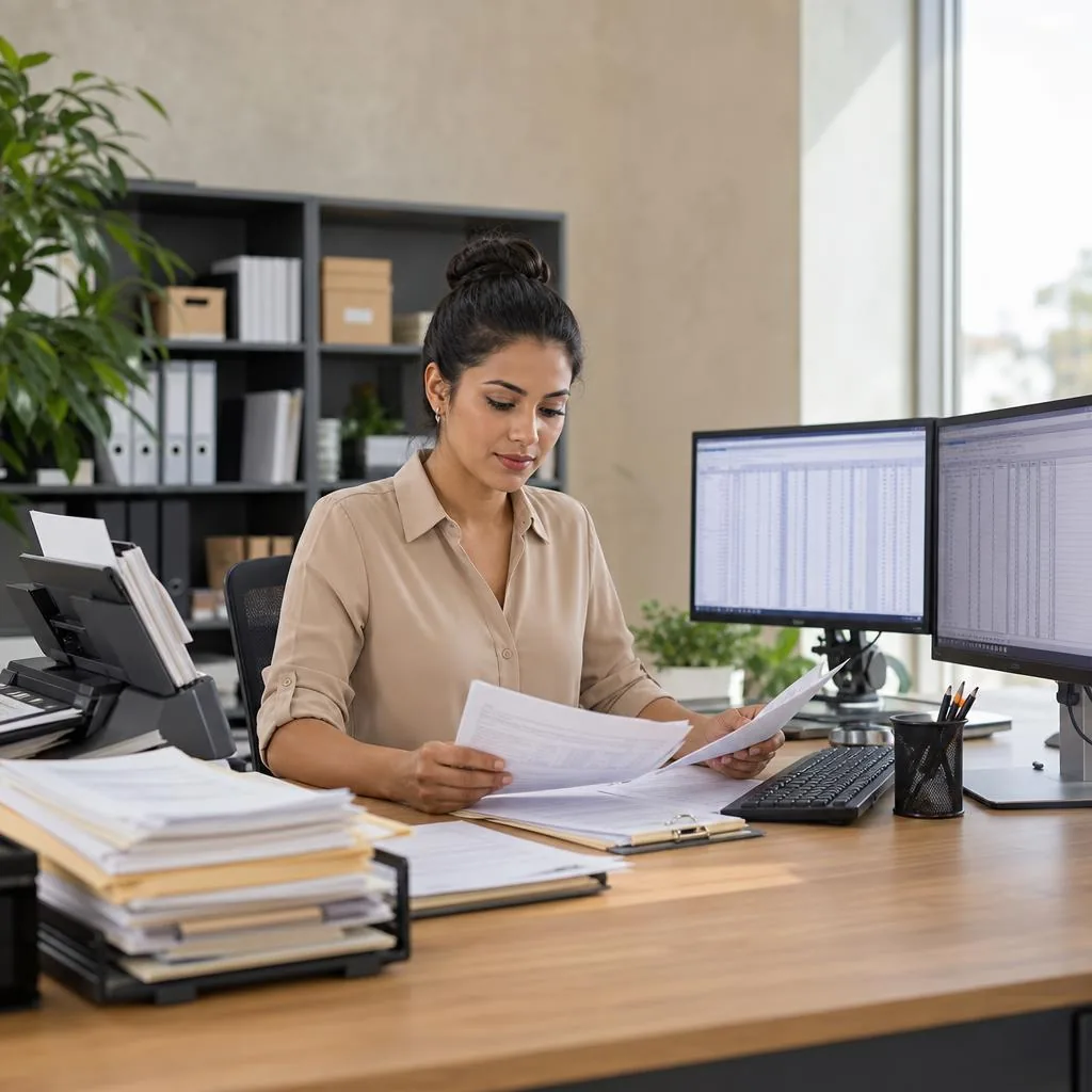 Data Entry Specialist reviewing source documents and structured digital records at a secure workstation