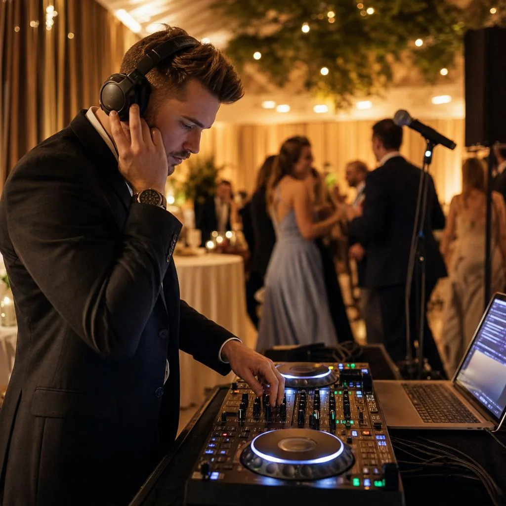Freelance DJ operating a professional controller during an organized indoor event
