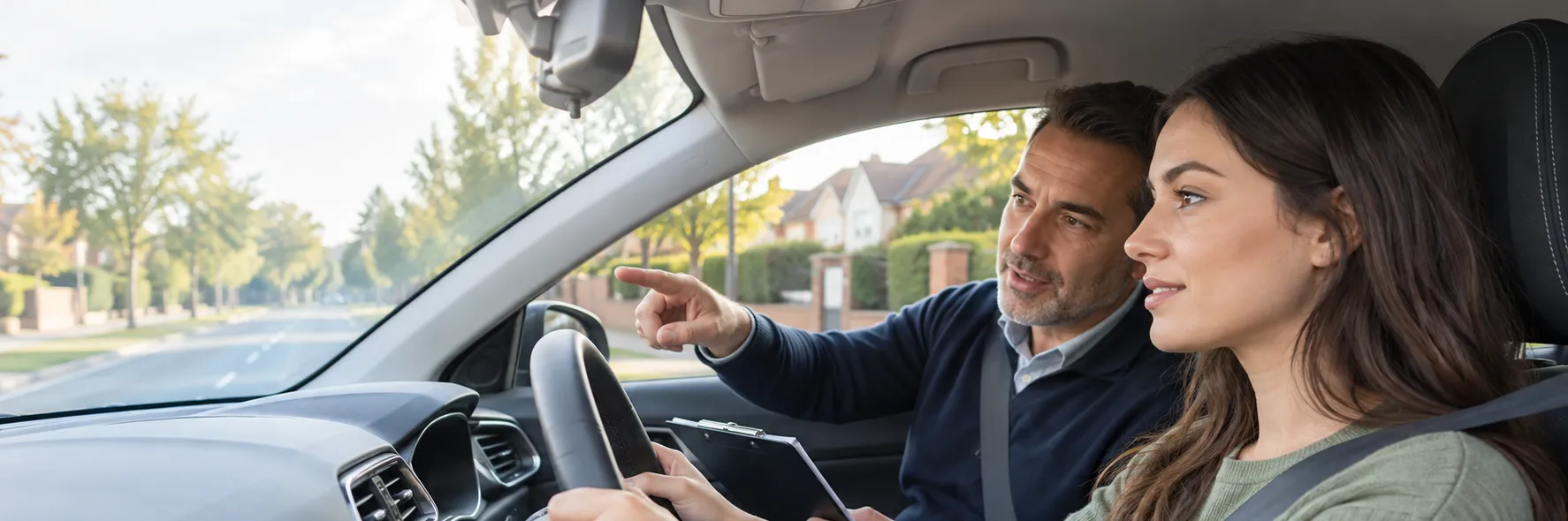 Driving instructor pointing out the road ahead while an adult learner holds the steering wheel during a lesson