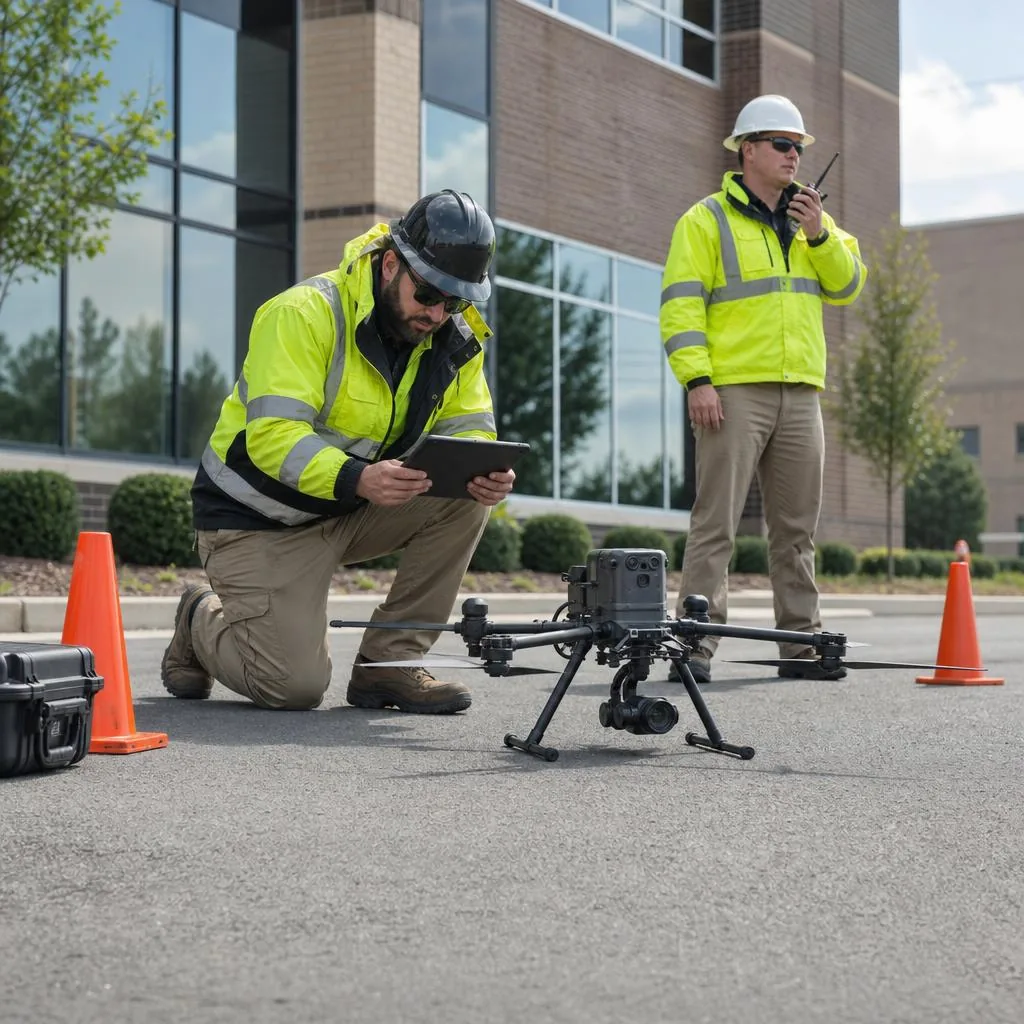 Drone inspection operator and visual observer completing a preflight check beside a commercial property