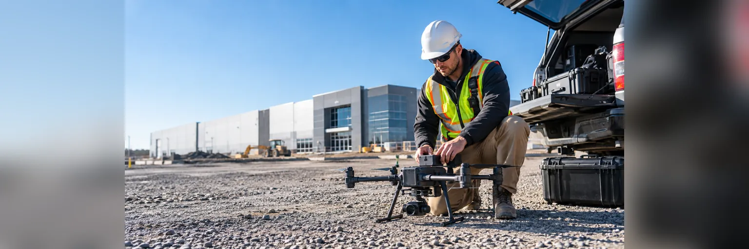 Drone operator in a hard hat preparing a camera-equipped aircraft at a commercial construction site