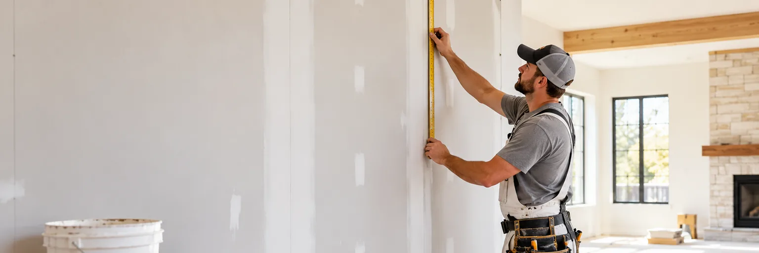 Drywall contractor measuring a renovated interior wall with a tape measure, tools, and workbench in view