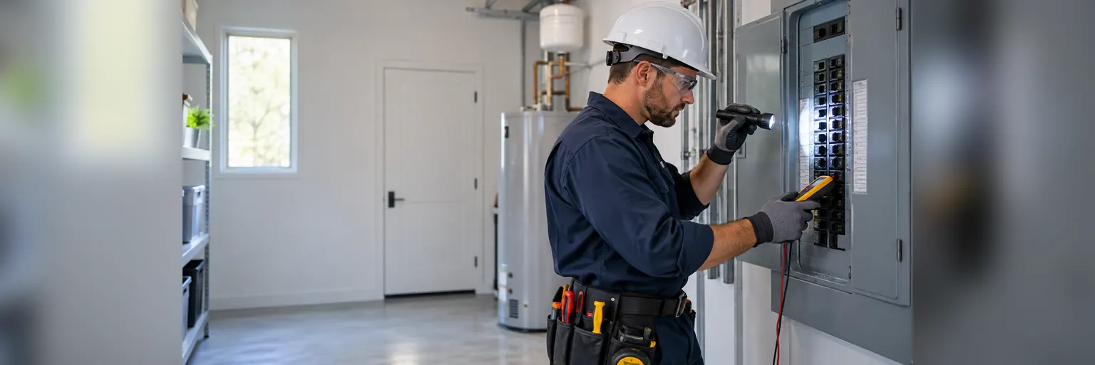 Electrician inspecting an electrical panel with a flashlight and meter in a utility room