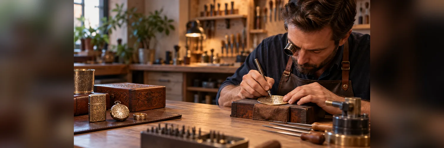 Engraver using a hand tool to personalize a small metal piece at a studio bench