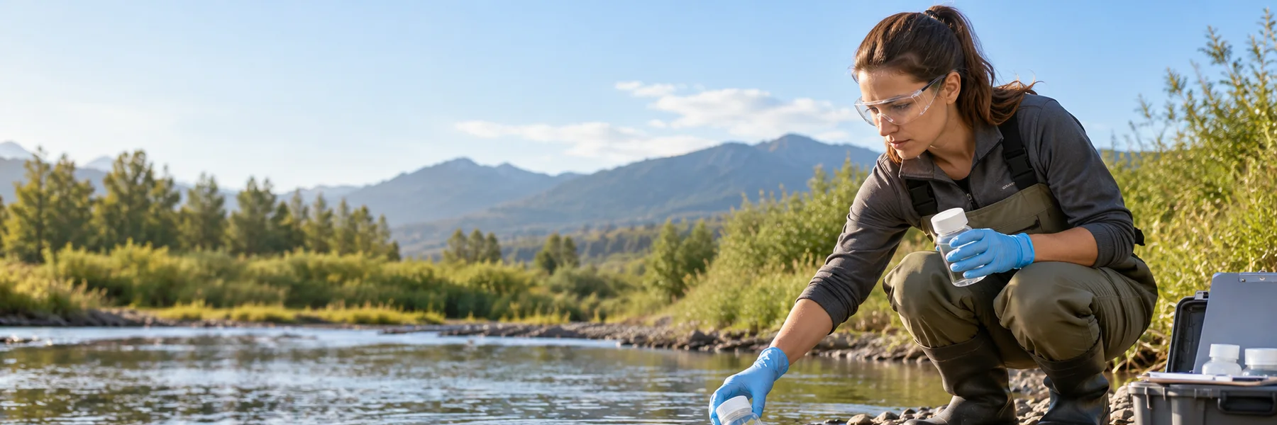 Environmental technician kneeling beside a river, collecting a water sample with a bottle