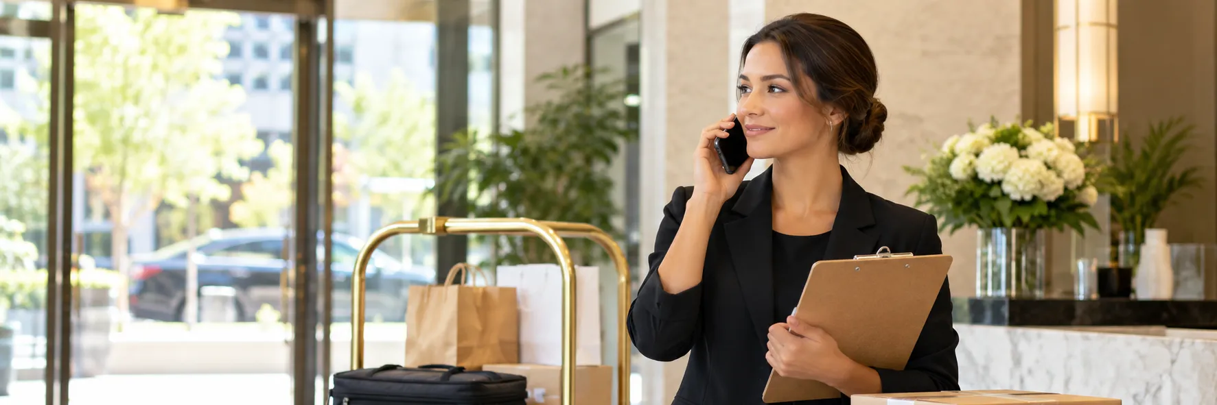 Personal concierge coordinating errands by phone beside a clipboard, parcels, and luggage in a hotel lobby