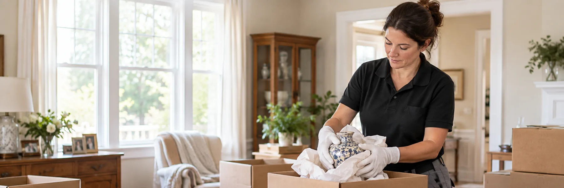Estate clean-out specialist wearing gloves sorts household belongings into a cardboard box among packed items