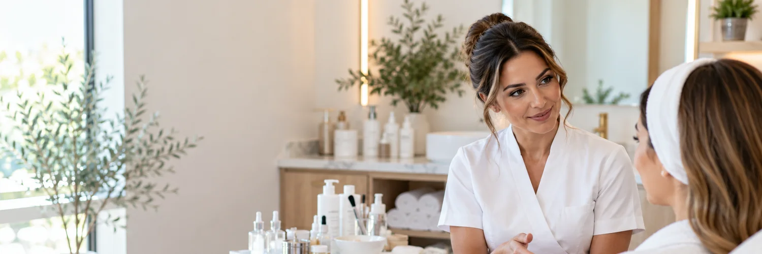 Esthetician discussing skincare with a client in a treatment studio, with a tablet and skincare products nearby