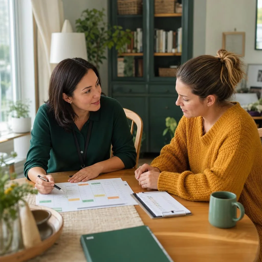 A family support worker and a parent reviewing a weekly routine together at a dining table in a bright home