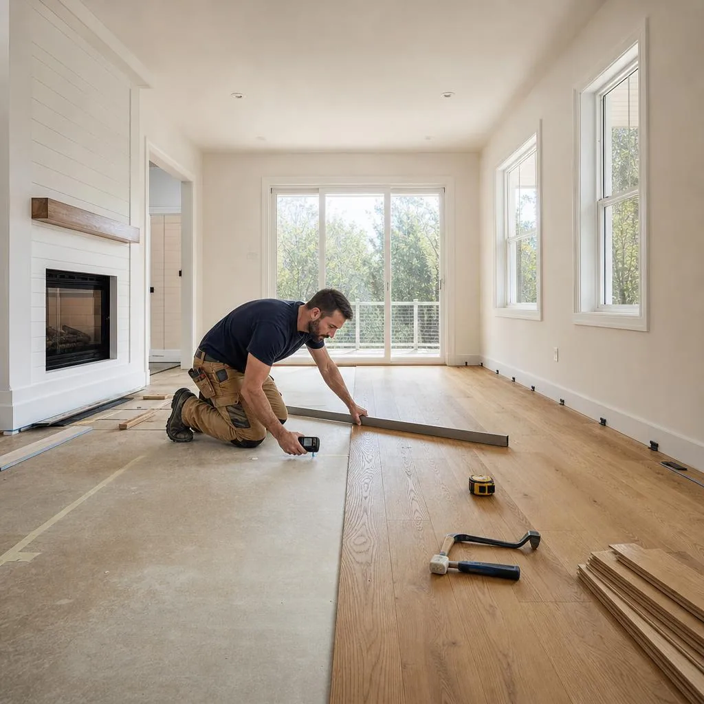 Flooring installer checking a prepared subfloor before installing engineered wood flooring