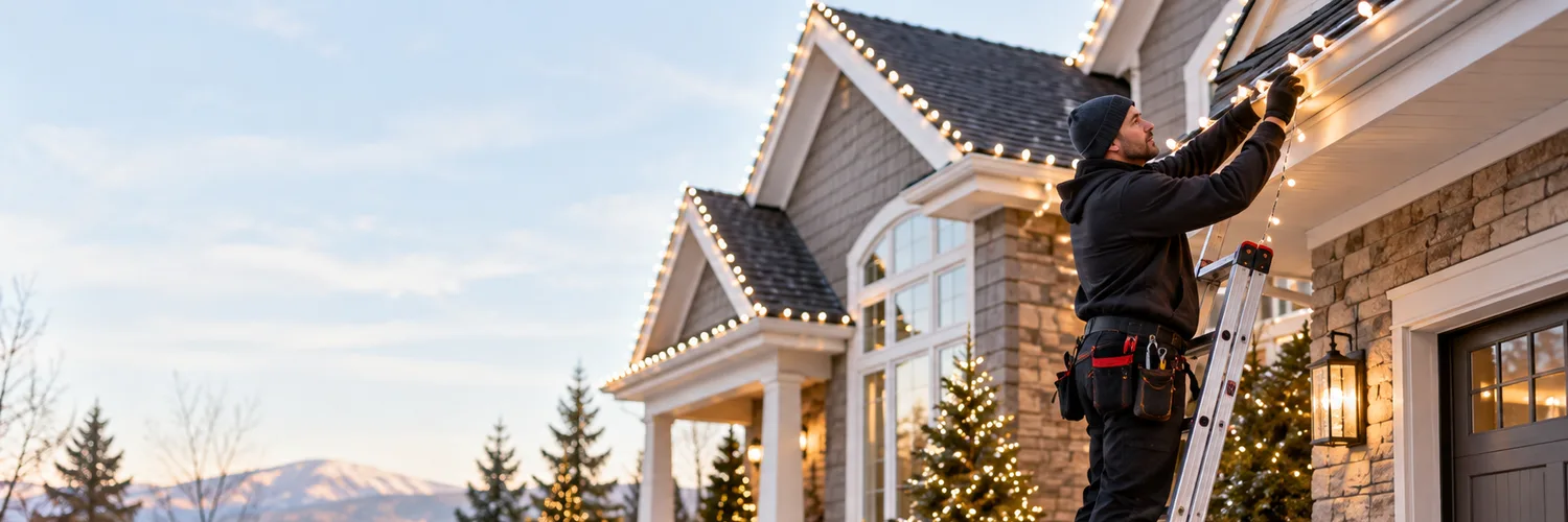Holiday light installer on a ladder attaching illuminated lights to a home's roofline, with tools, a decorated house, and winter surroundings visible