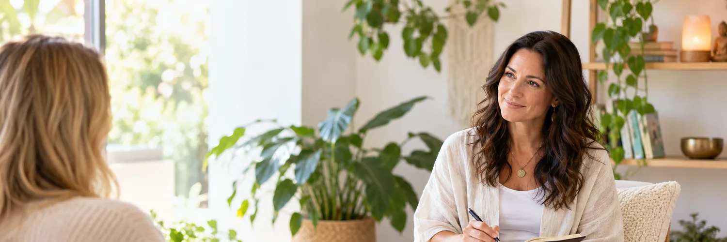Holistic practitioner speaks with a seated client while writing in a notebook in a bright wellness studio