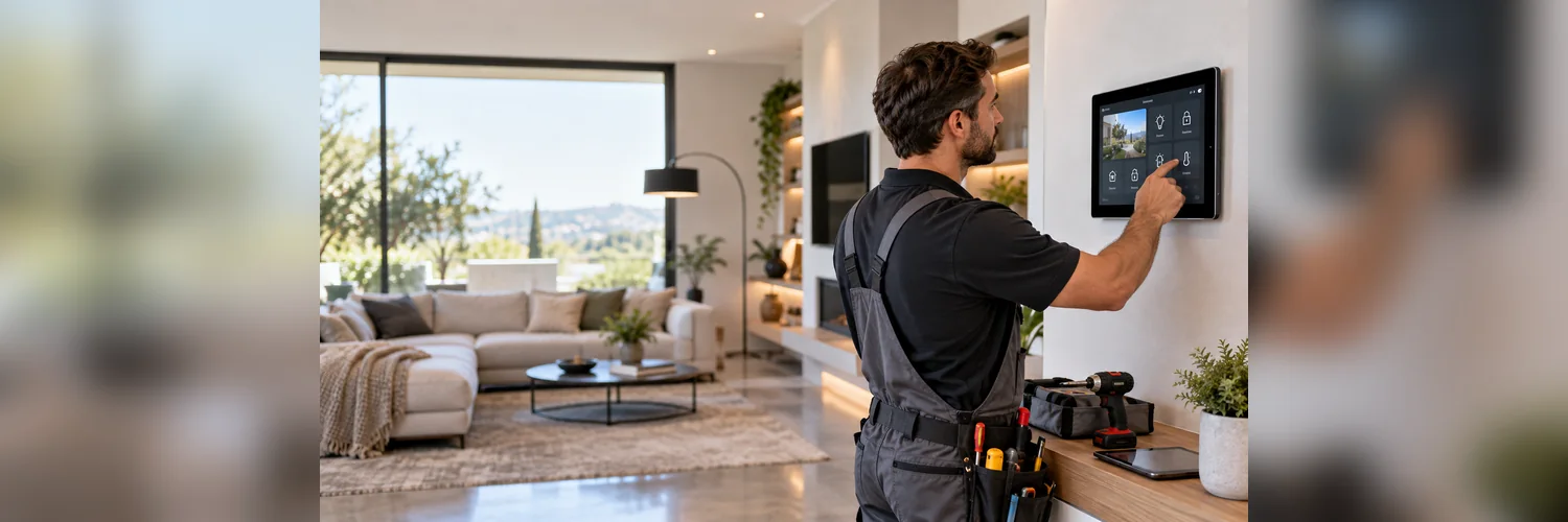 Home automation installer configuring a wall-mounted smart home control panel, with tools and a tablet on the work surface