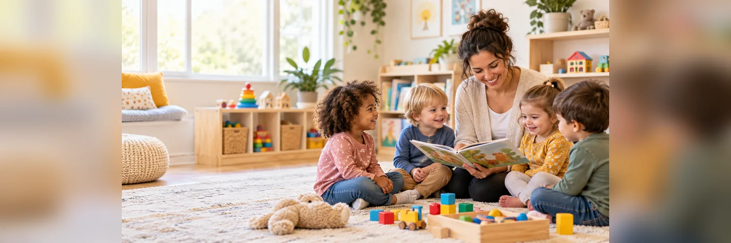 Home daycare operator reading a picture book with children gathered around in a bright playroom