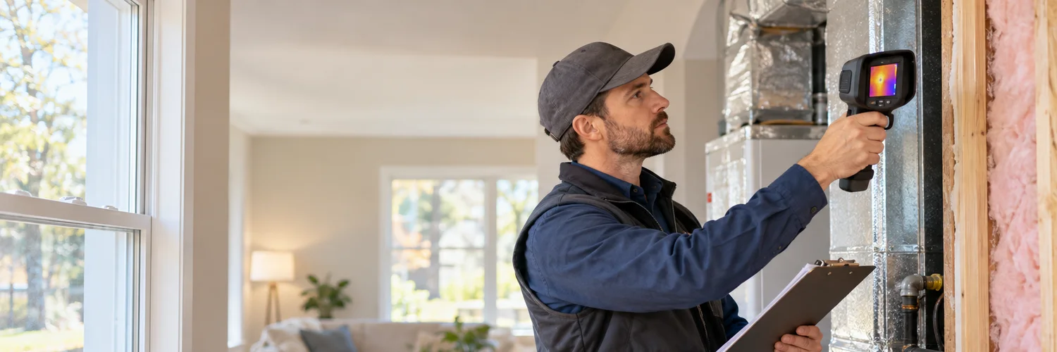 Home energy auditor uses a handheld thermal imaging tool beside a heating system while holding an inspection clipboard