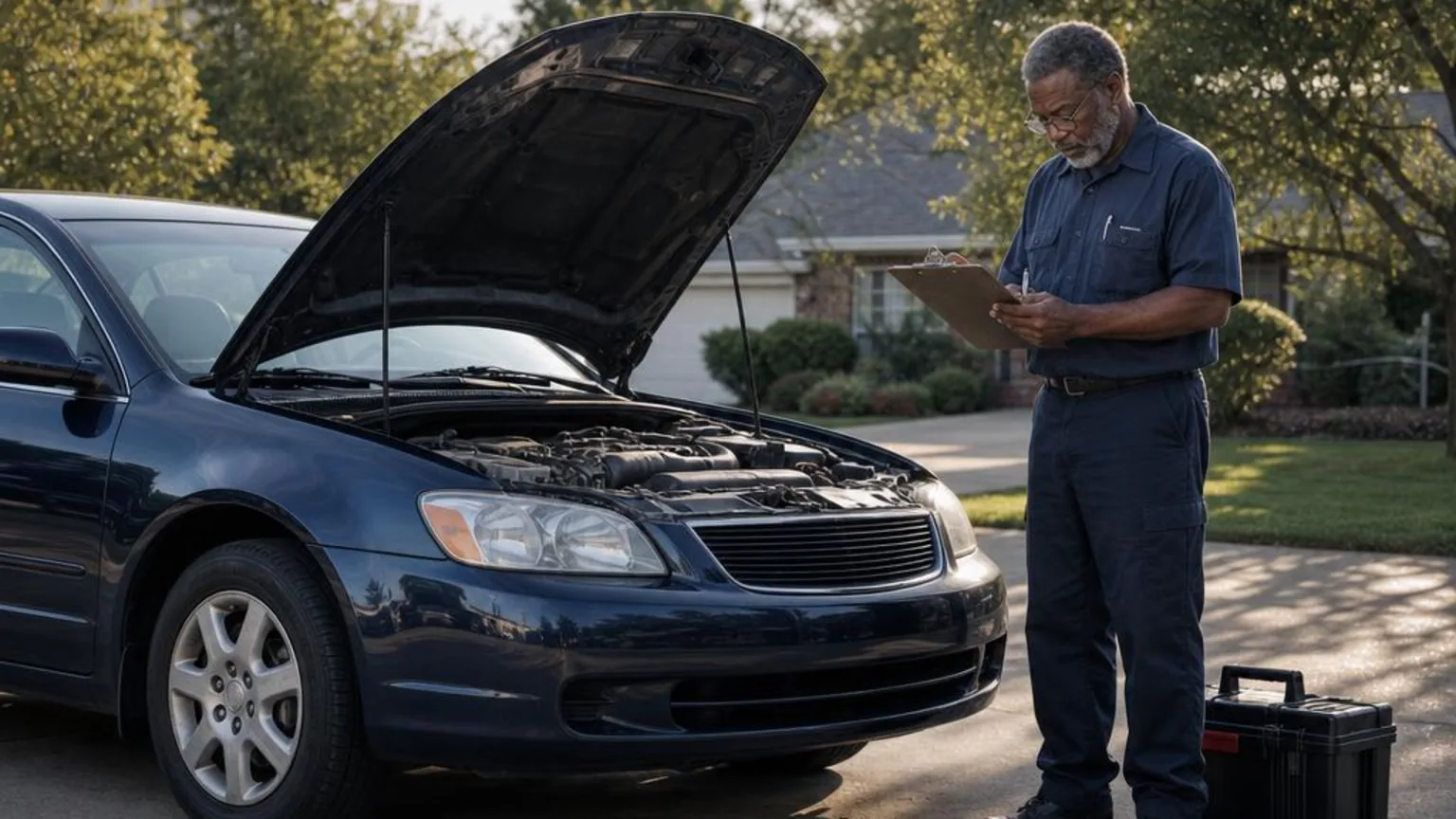 Mobile mechanic reviewing a service checklist beside a car with its hood open on a driveway