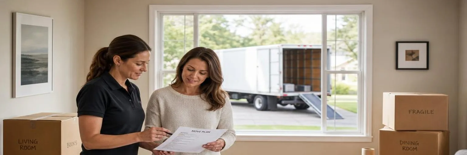 Moving and relocation consultant reviewing a move plan with a homeowner beside labeled boxes and a framed window overlooking a moving truck