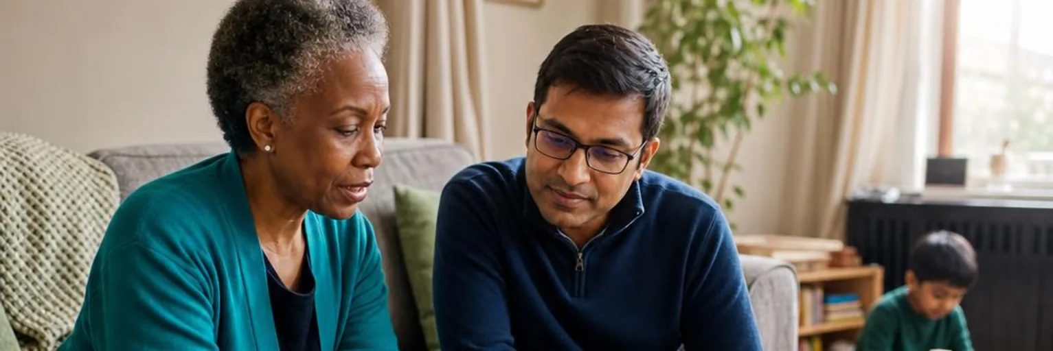 Nanny and father reviewing a childcare agreement in a living room while a child plays nearby