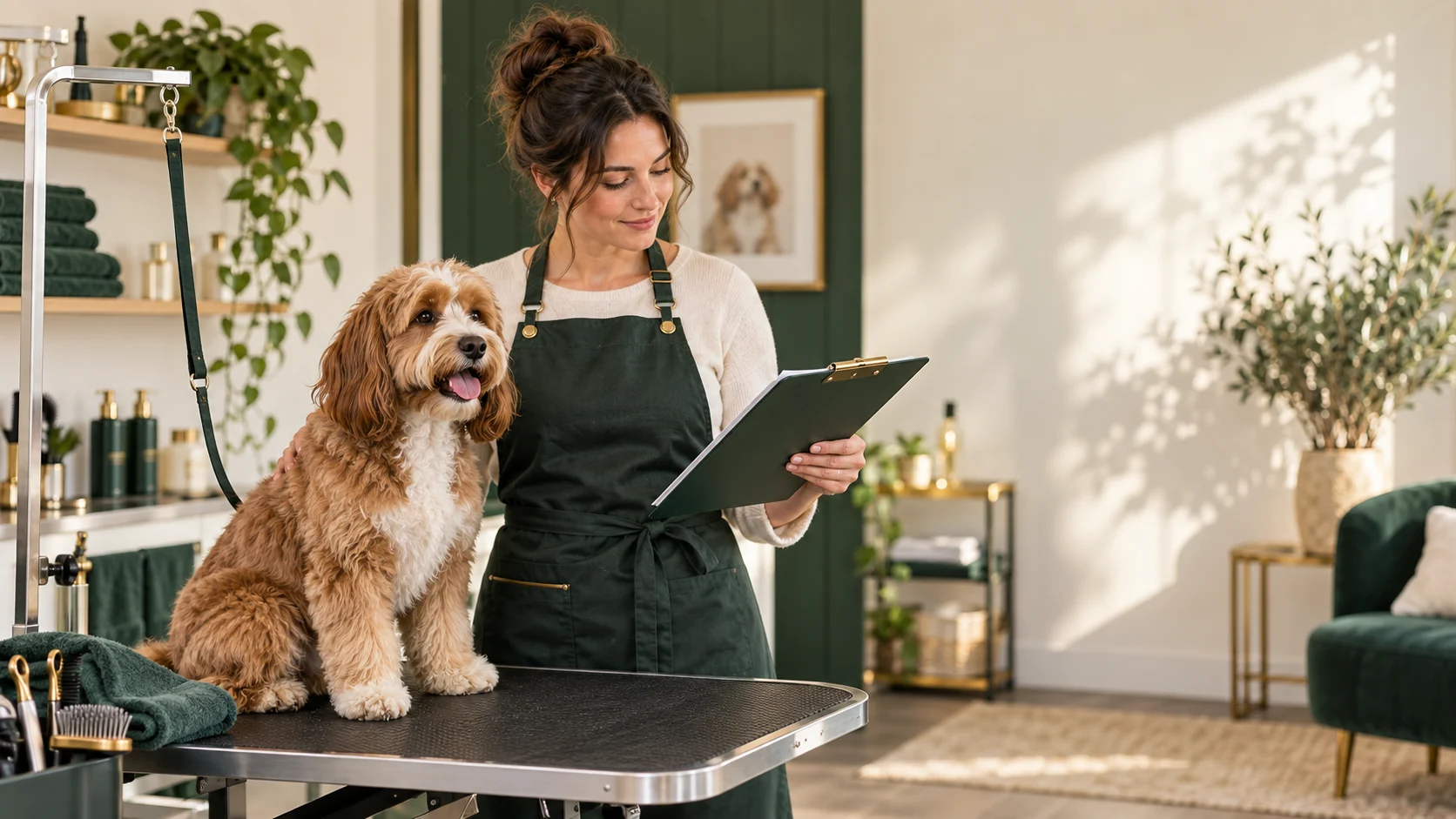 Pet groomer reviewing client paperwork beside a calm dog on a grooming table