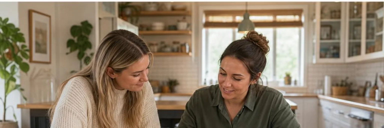 Pet sitter and dog owner reviewing a pet care agreement at a kitchen table with a dog nearby