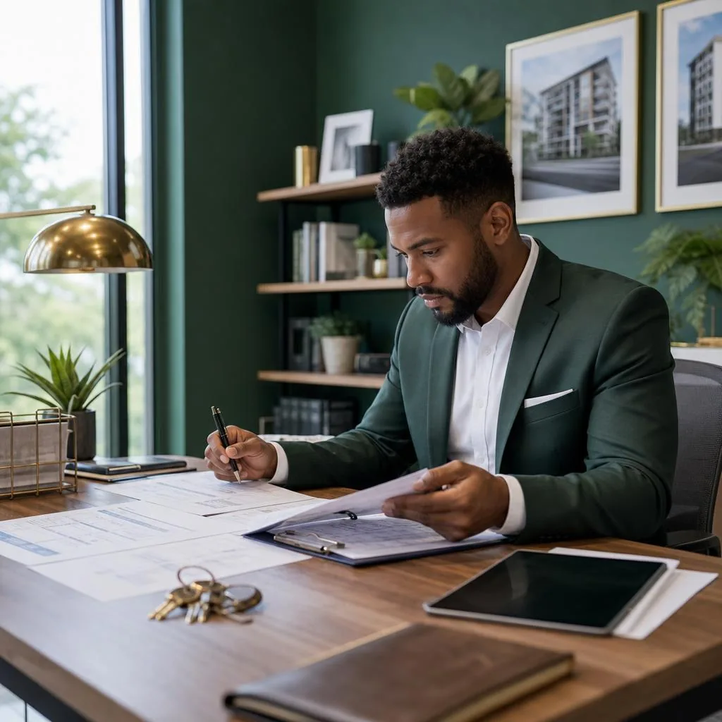 Property manager reviewing maintenance requests and inspection notes at an organized desk