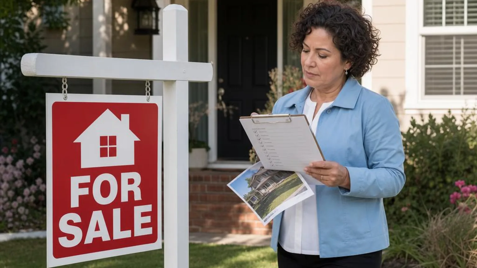 Real estate assistant reviewing a listing checklist beside a For Sale sign outside a house