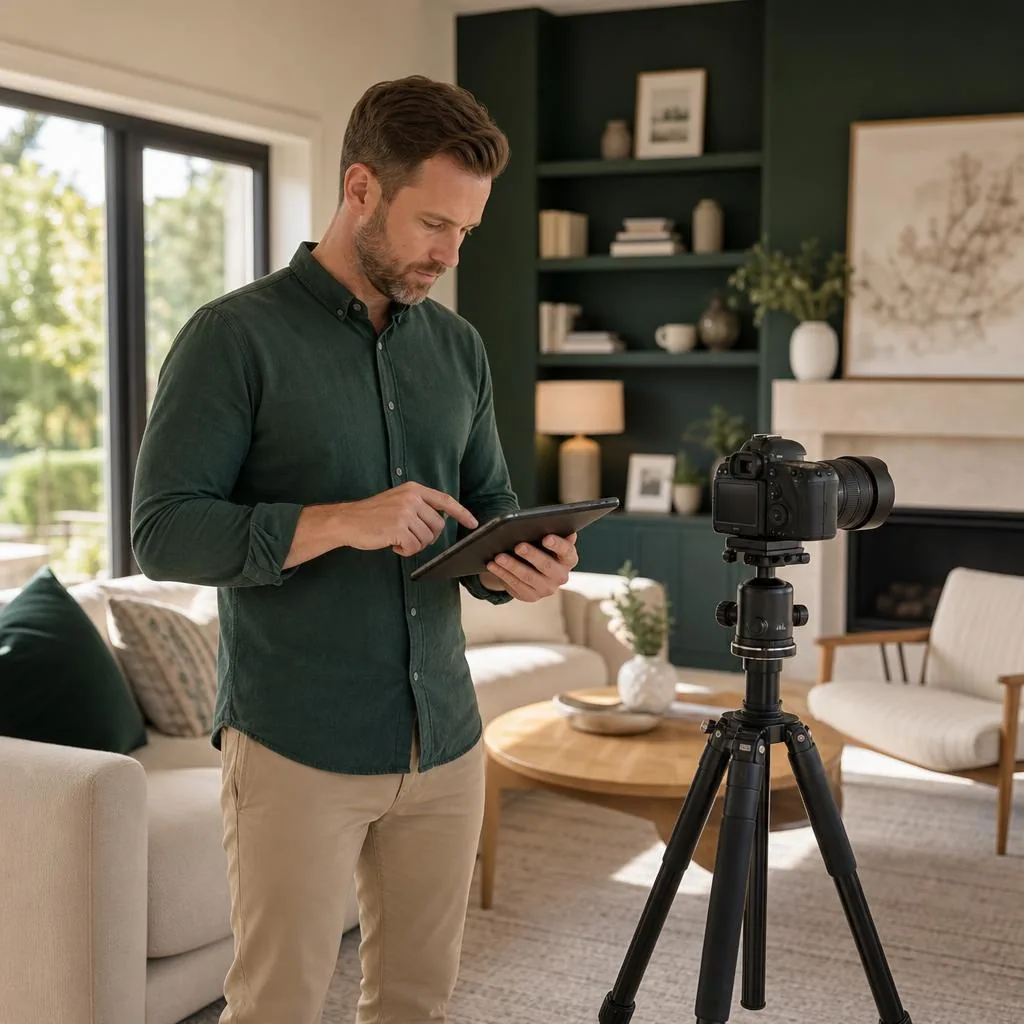 Real estate photographer reviewing a property shot list on a tablet beside a camera in a staged living room