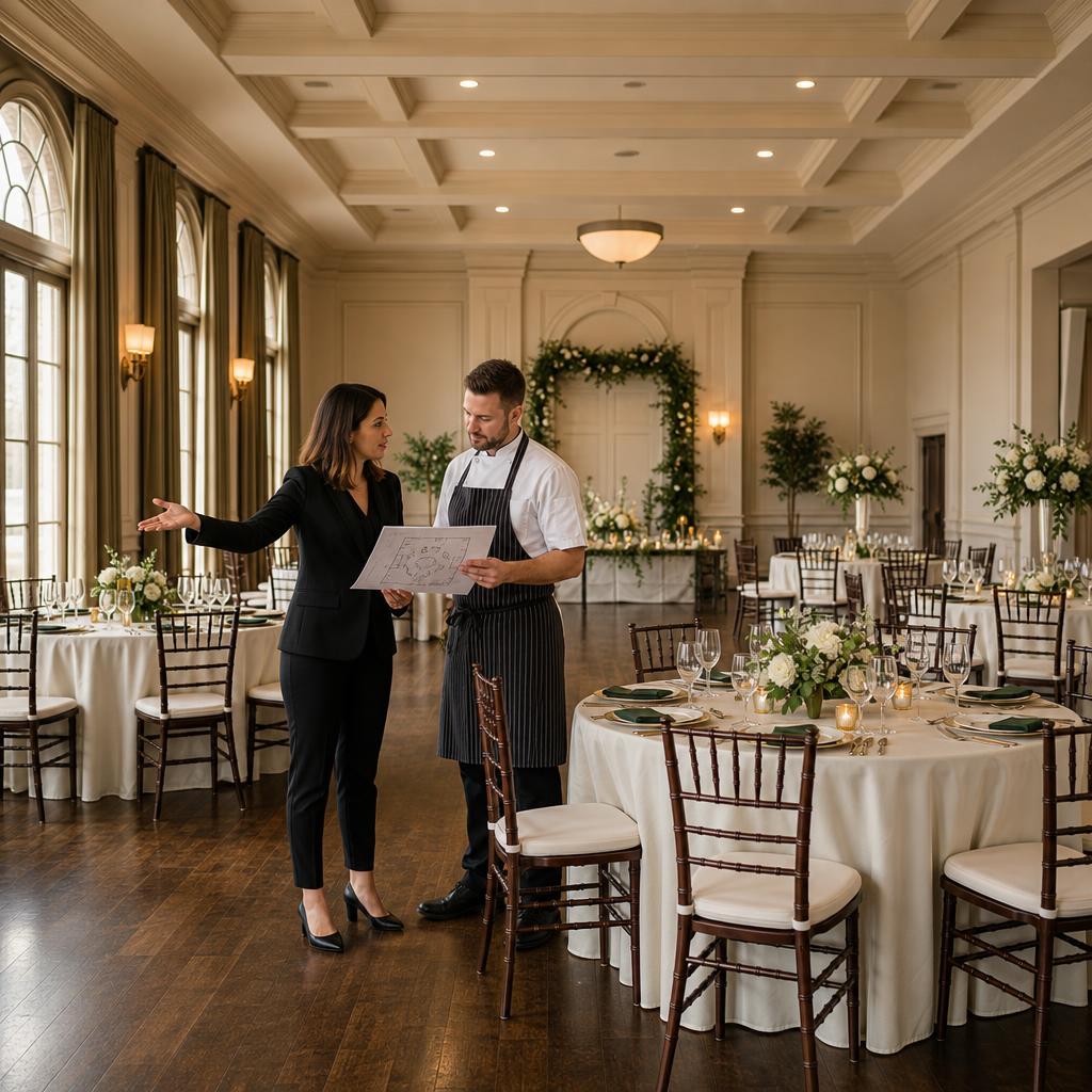 Venue coordinators reviewing an event floor plan in a prepared reception space