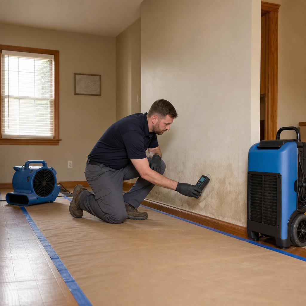 Water damage restoration technician checking a damp wall with a moisture meter