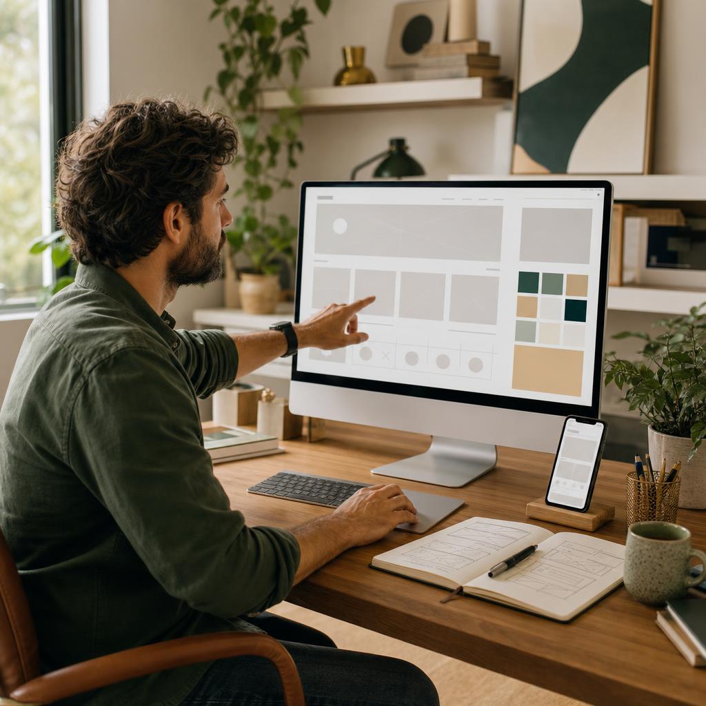 Web designer reviewing a website wireframe on a monitor with a mobile layout and sketches nearby