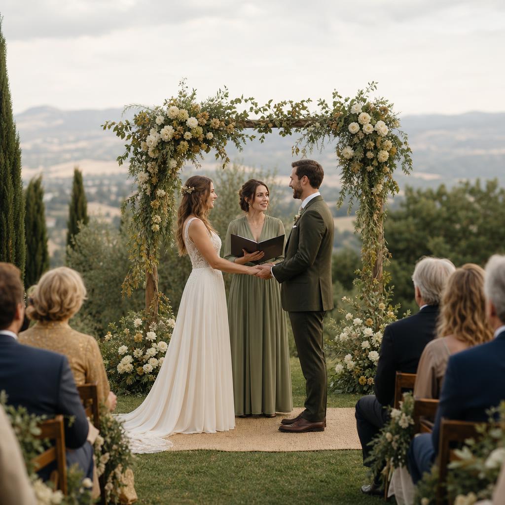 Wedding officiant leading a couple through an outdoor ceremony